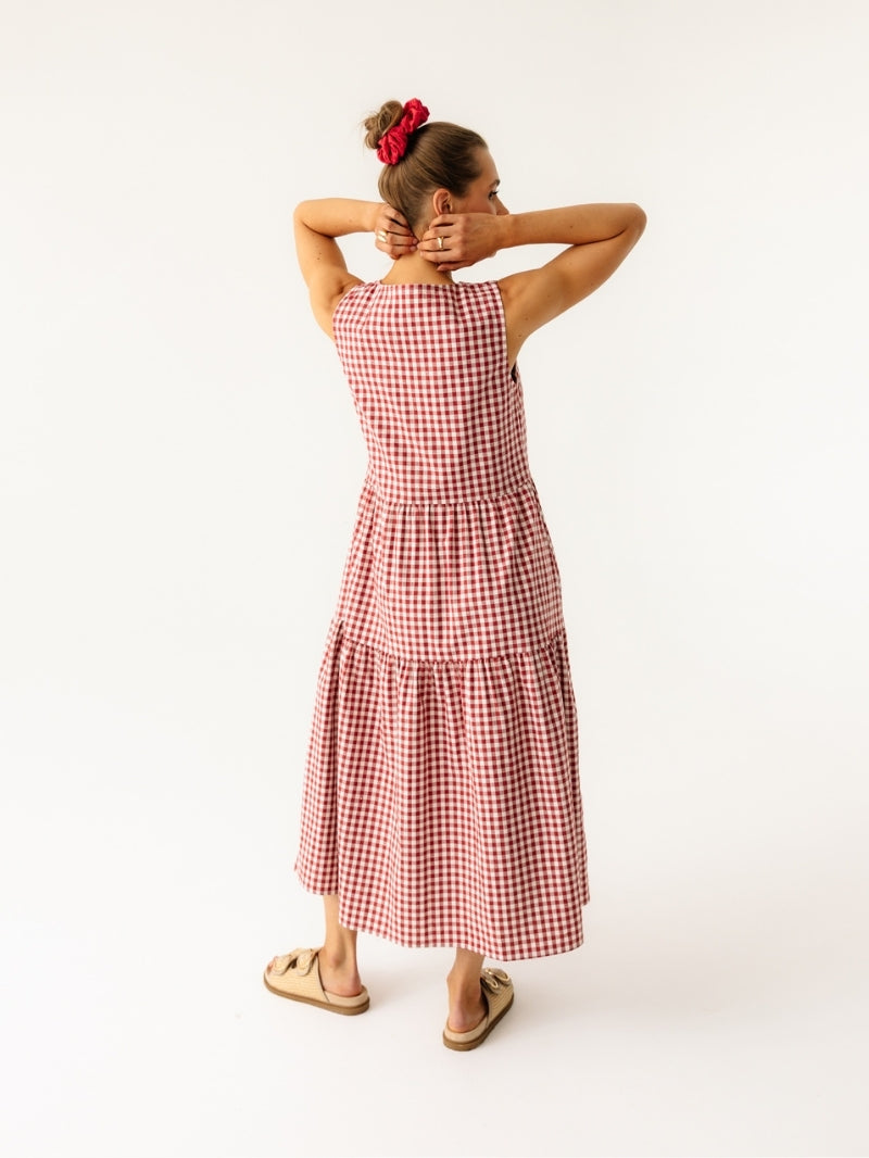 Bawełniana sukienka midi w czerwono-białą kratkę JOYINME