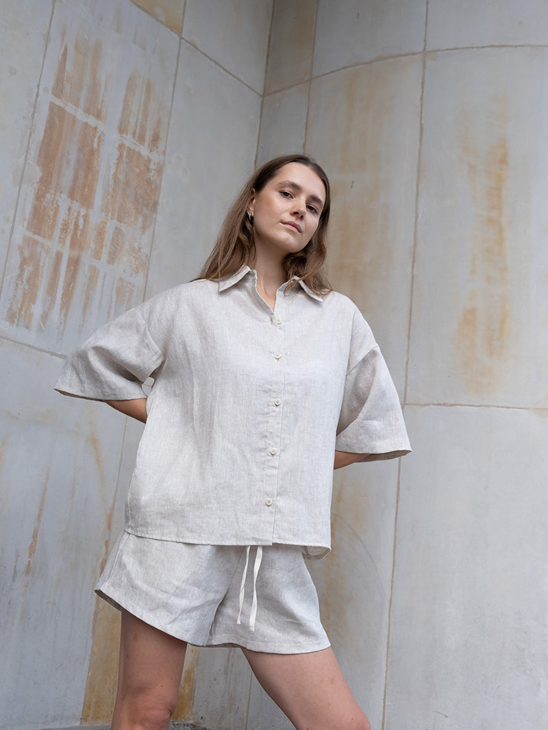 Beżowa lniana koszula z krótkim rękawem Break