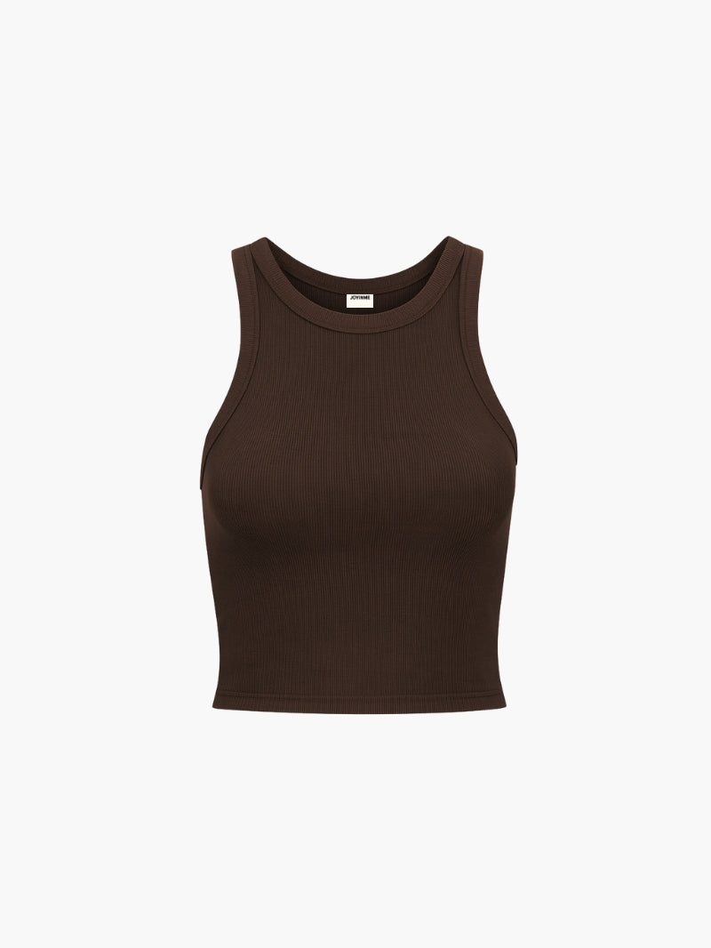 Brązowy damski tank top z prążkowanego materiału - do spania i na co dzień