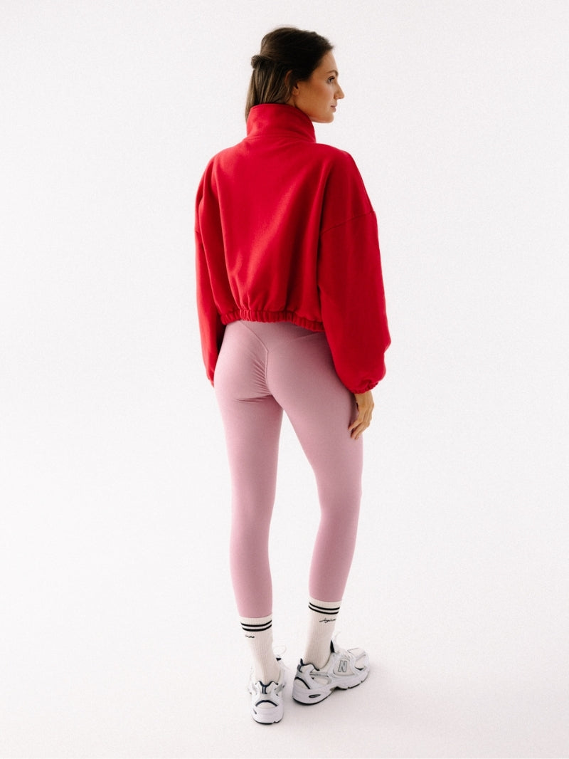Damska rozpinana bluza ze stójką w czerwonym odcieniu z haftem - set z różowymi legginsami