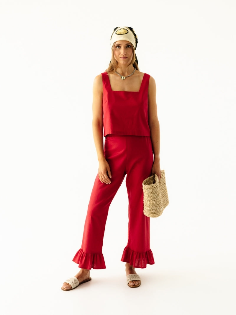 Czerwone letnie spodnie damskie z lnu z szerokimi nogawkami