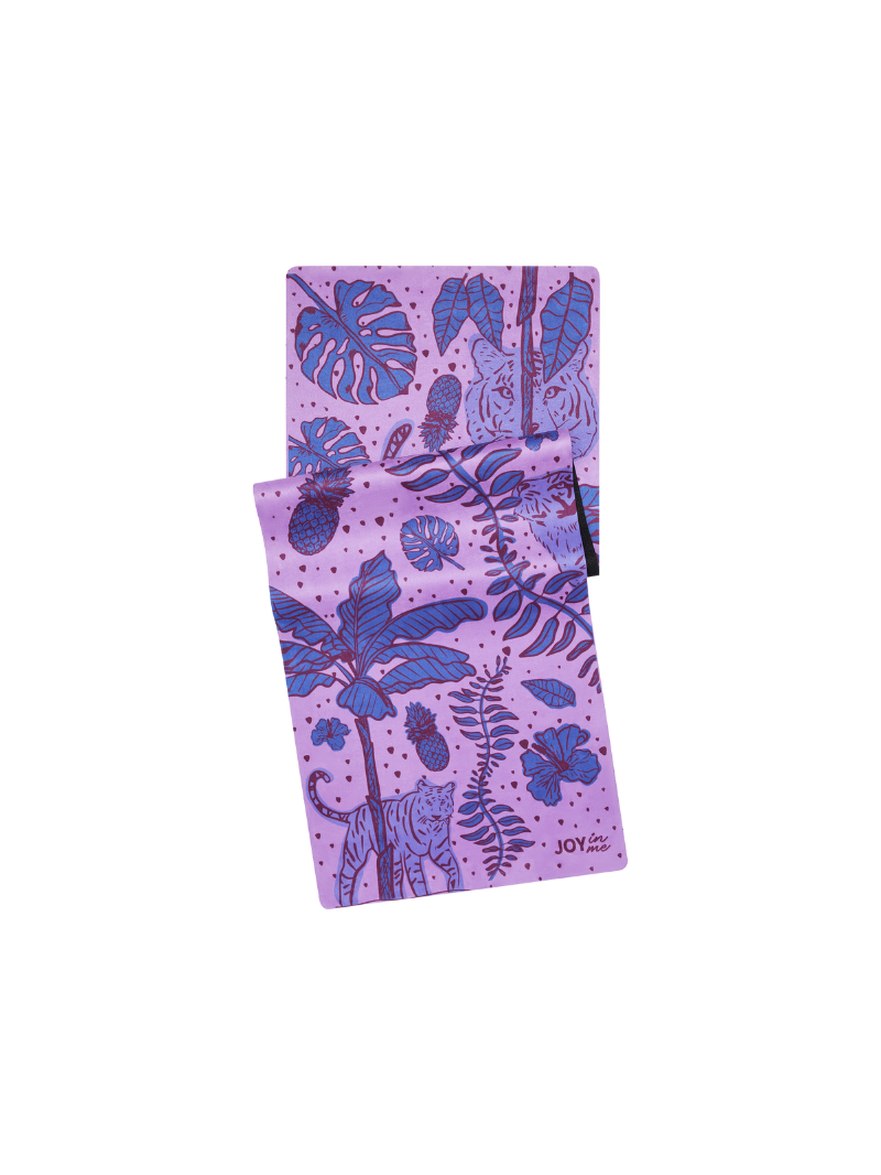 Fioletowa, składana mata do ćwiczeń jogi z kauczuku 1 mm z tropikalnym wzorem w rośliny