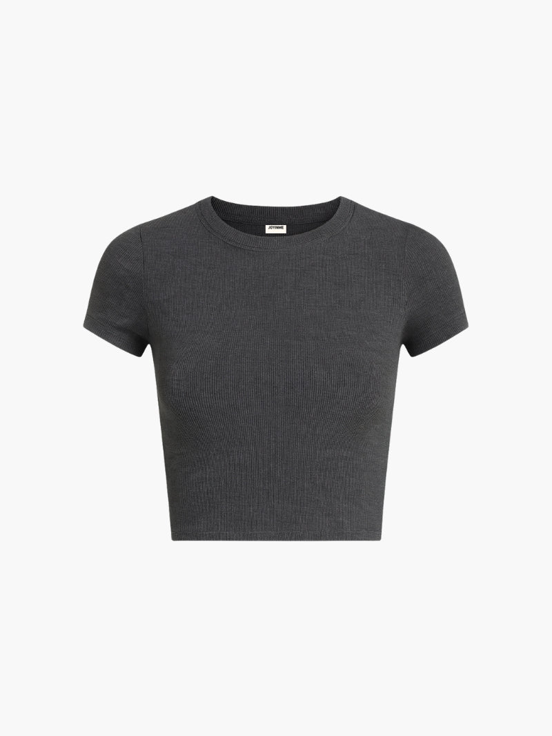 Szary damski t-shirt z prążkowanego materiału - loungewear, do spania i na co dzień