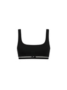 Damski treningowy crop top w klasycznej czerni - kwadratowy dekolt, szerokie ramiączka, stabilne podtrzymanie bez ucisku i wyjmowane wkładki