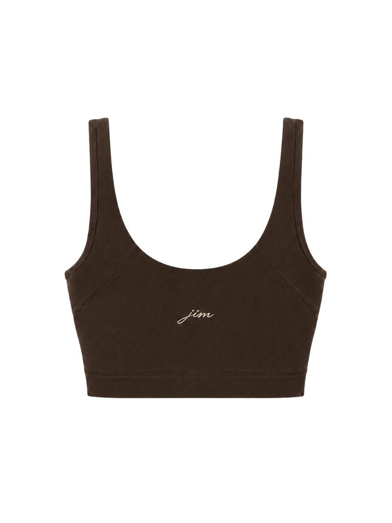 Damski crop top sportowy w ciemnym brązie z serii Grace - elastyczny 
materiał wyszczuplający sylwetkę