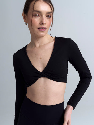 Damski czarny crop top ze skręconym dekoltem Luna Twist