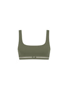 Damski treningowy crop top w oliwkowym odcieniu - kwadratowy dekolt, szerokie ramiączka, stabilne podtrzymanie bez ucisku i wyjmowane wkładki